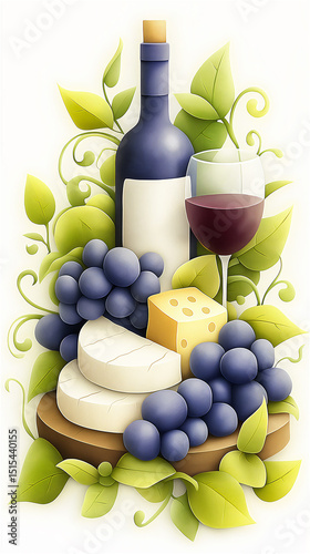 Experience the exquisite Wine and Cheese Delight served with juicy Grapes and lush Greenery