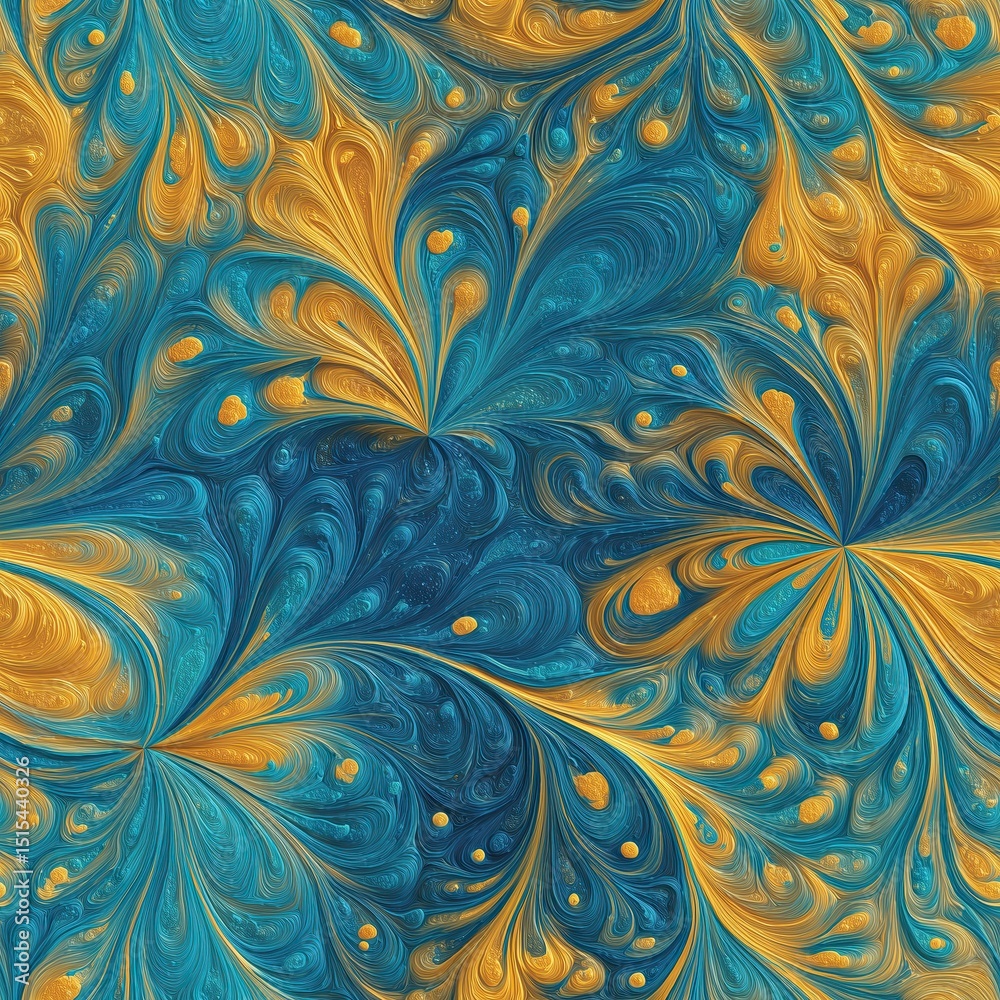Abstract blue and orange swirling pattern with floral motifs Abstract blue and orange swirling pattern with floral motifs