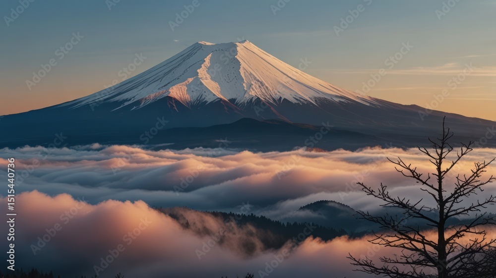 Fototapeta premium Majestic volcano peak above a sea of clouds at dawn