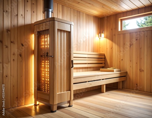 Relaxing Wooden Sauna Interior.