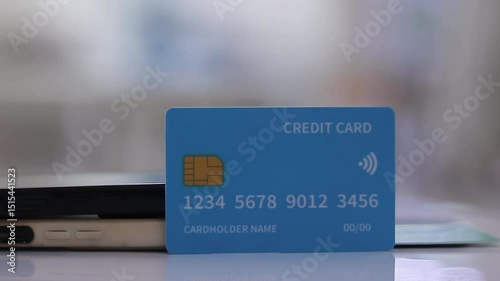 A sleek, modern light blue credit card rests atop a phone, emphasizing secure financial technology and cashless, mobile banking transactions.