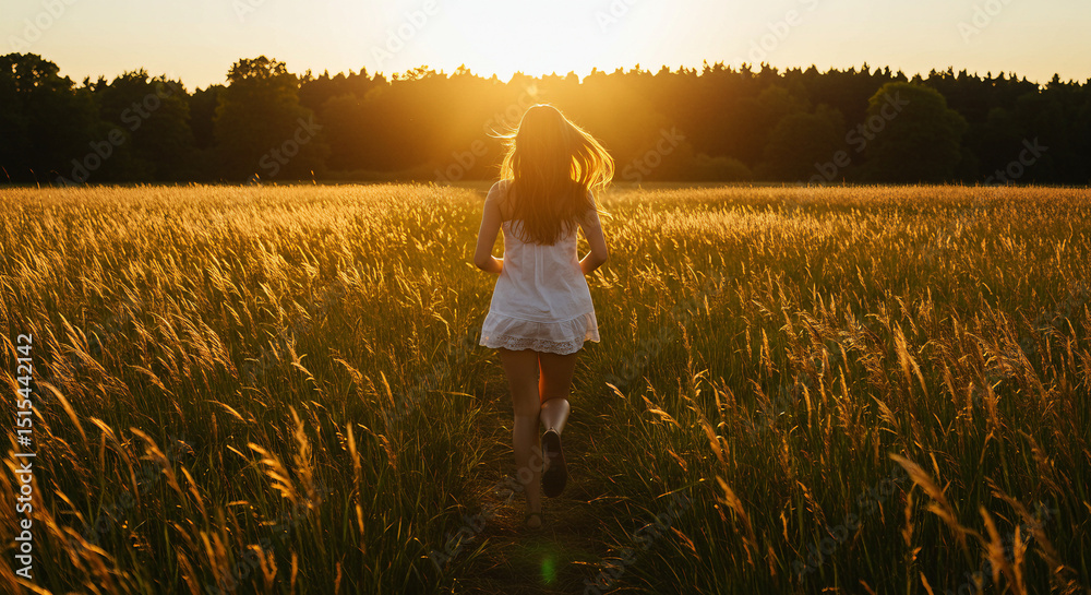 Fototapeta premium Woman Running Through a Field of Tall Grass at Golden Hour