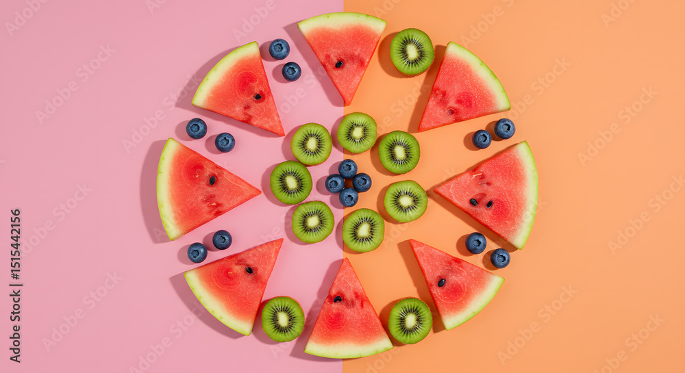 Naklejka premium Overhead image of sliced melon, kiwi, and blueberries arranged in a symmetrical pattern on pink and orange two-tone background, bold lighting and color theory emphasis