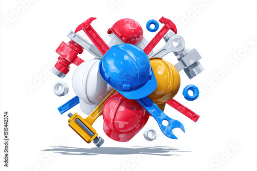 Colorful construction helmets and tools arranged dynamically on a white isolated background.