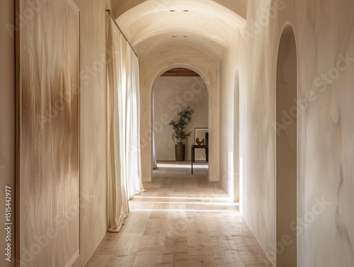 A long hallway with a painting on the wall. The painting is abstract and has a lot of color. There are two vases on the floor, one on the left side and one on the right side of the hallway