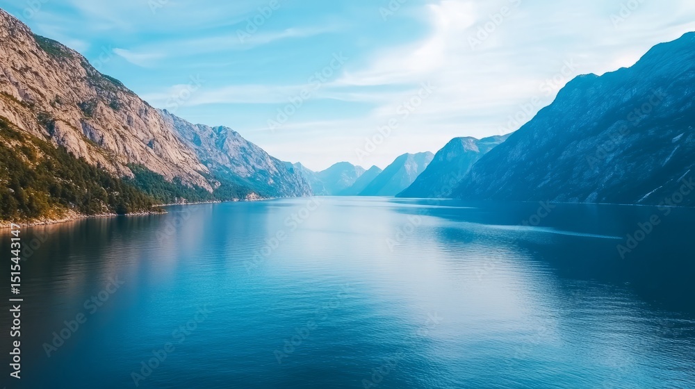 Obraz premium Minimal scenic fjord with soft blue palette, expansive sky and space for text or design