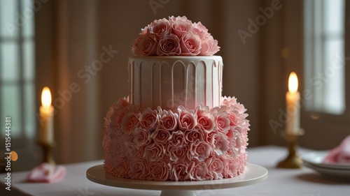 Elegant two-tiered cake adorned with pink roses