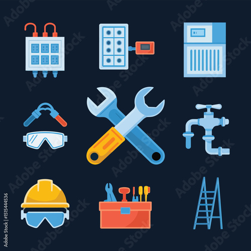 vector icons representing home fix and factory maintenance, gas and electricity maintenance