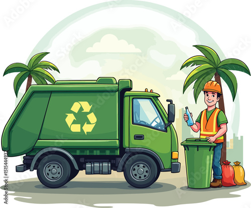 Cartoon recycling truck and worker collecting waste for environmental sustainability project