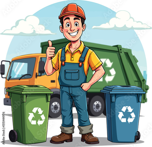 Cartoon garbage collector with recycling truck and bins for waste management services vector illustration