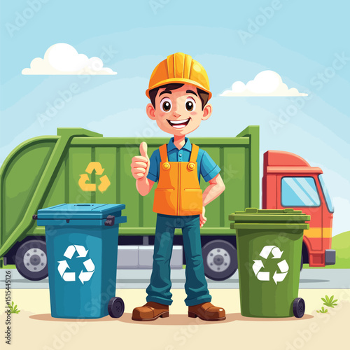 Cartoon recycling worker with truck and bins promoting waste management and sustainability concept