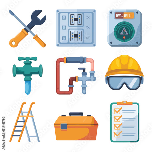  vector icons representing home fix and factory maintenance, gas and electricity maintenance                              

