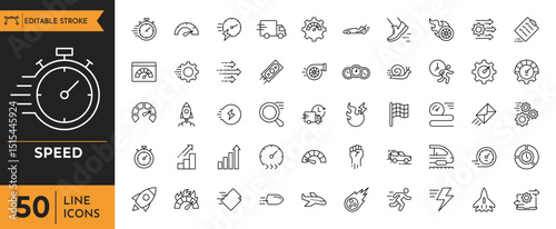 Speed outline icon set. Containing fast, slow, movement, indicator, turbo, speeding, productivity, speedometer, and more. Editable stroke. vector illustration