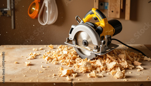 Workshop realism, corded circular saw with wood shavings, copy space