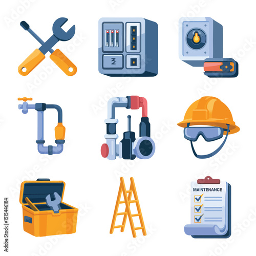  vector icons representing home fix and factory maintenance, gas and electricity maintenance                              
