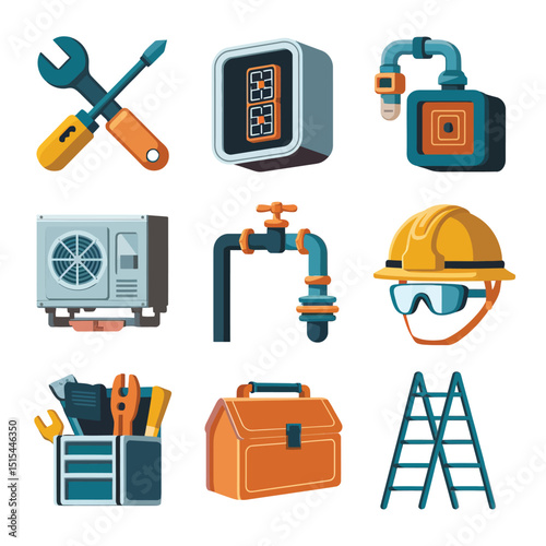  vector icons representing home fix and factory maintenance, gas and electricity maintenance                              
