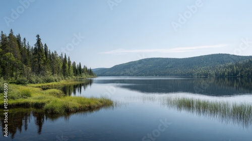 serene summer mountain lake in sweden surrounded by lush green forests and majestic peaks reflecting clear blue sky