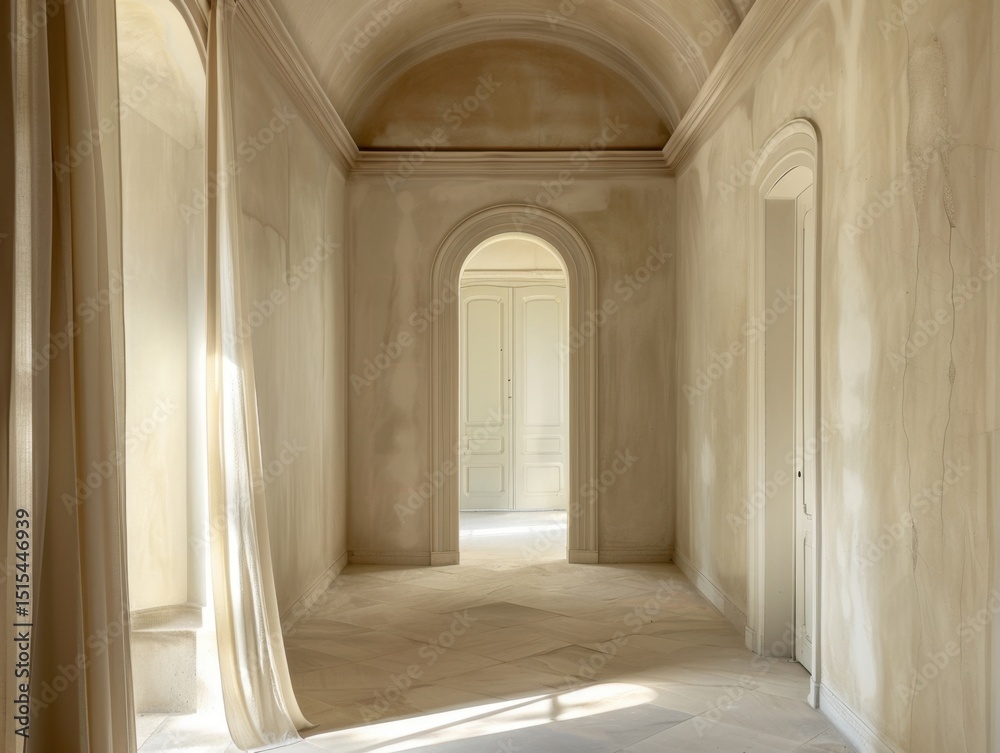 Fototapeta premium A long, narrow hallway with a white wall and a white arch in the middle. The arch is positioned above the center of the hallway, creating a sense of grandeur and elegance. The walls are bare