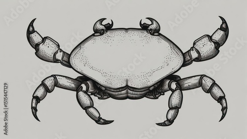 Detailed grayscale drawing of a crab.  Front view, intricate lines