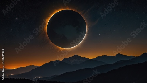 Total solar eclipse over mountains