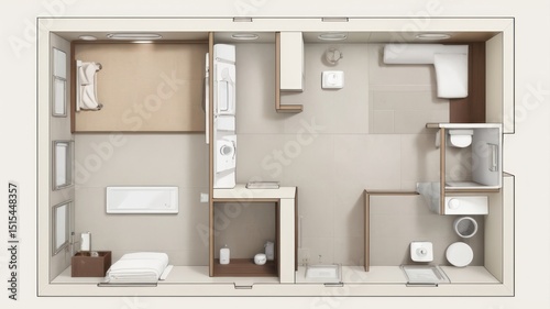 Top-down view of a small modern apartment floorplan
