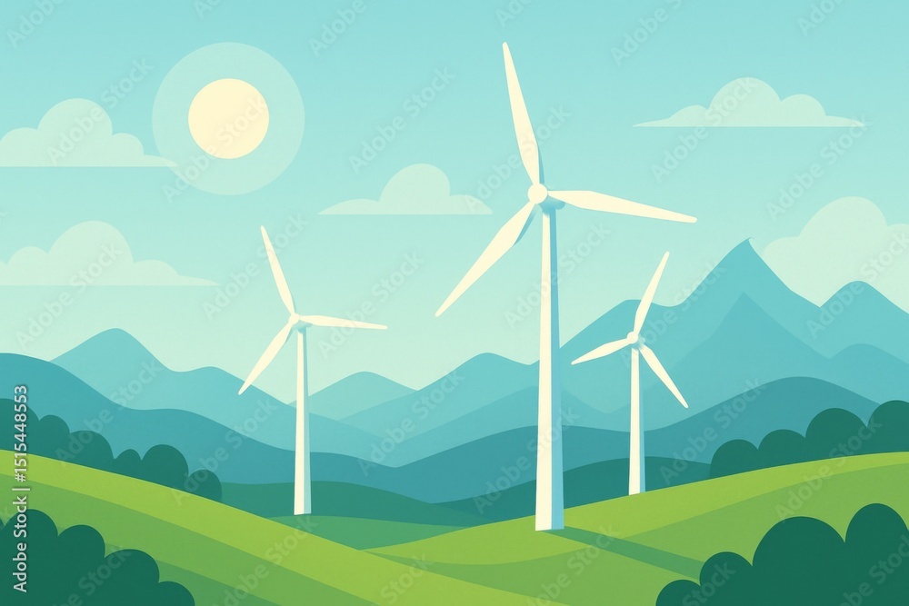Fototapeta premium Weiße Windkraftanlage in grüner Hügellandschaft vor blauen Bergen unter klarem Himmel als Symbol für nachhaltige Energie Generative KI
