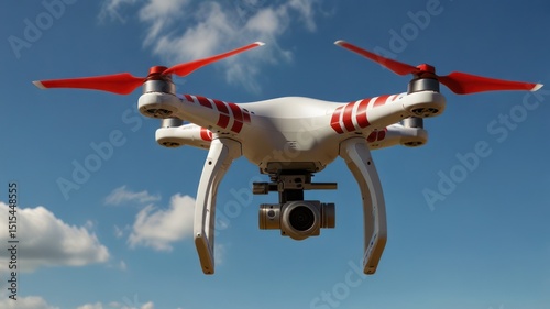Drone in flight against a partly cloudy sky