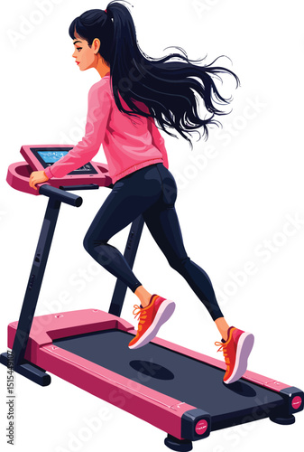 Woman running on treadmill fitness workout cardio exercise healthy lifestyle home gym training illustration