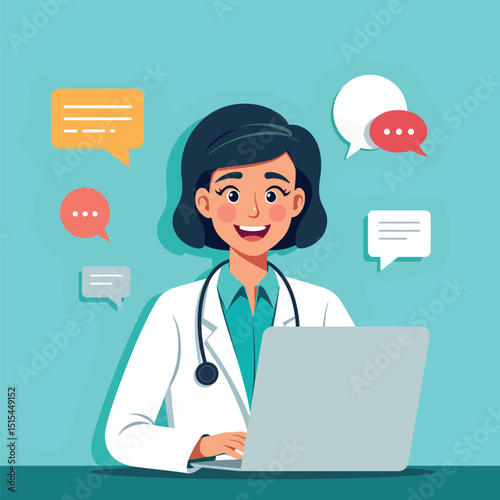 Online doctor consultation female doctor using laptop for telemedicine healthcare service concept vector art