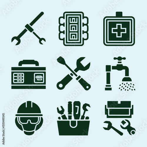 vector icons representing home fix and factory maintenance, gas and electricity maintenance                              
