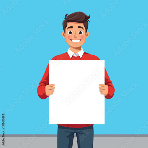 Cartoon man holding blank sign template vector illustration for advertising and marketing design