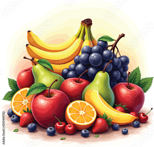 Fresh fruit assortment still life painting featuring apples bananas grapes and other fruits art
