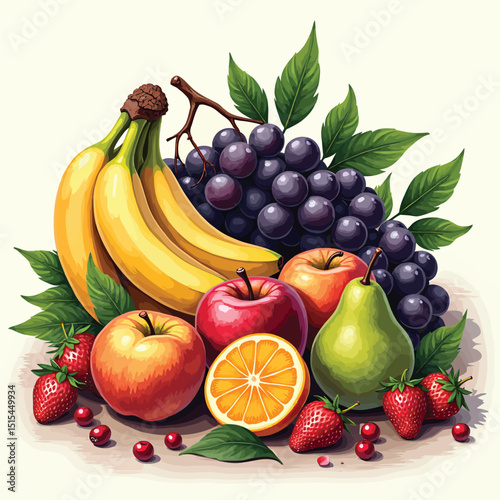Fresh fruit assortment still life illustration featuring bananas apples grapes and strawberries design