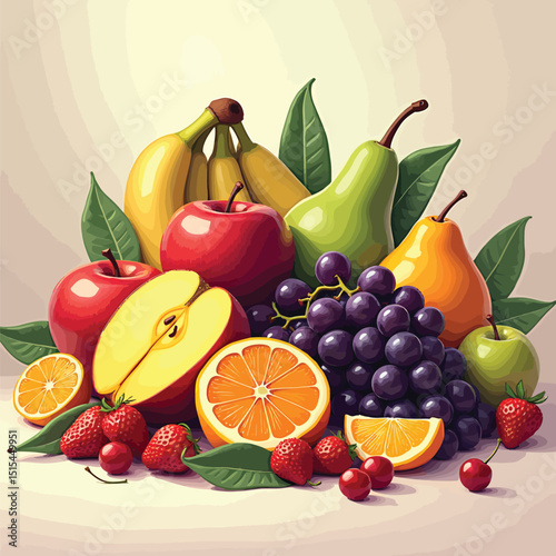 Fresh fruit still life photography featuring apples bananas oranges pears grapes and strawberries art
