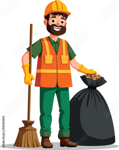 Cartoon street cleaner with broom and trash bag vector illustration for cleaning service company