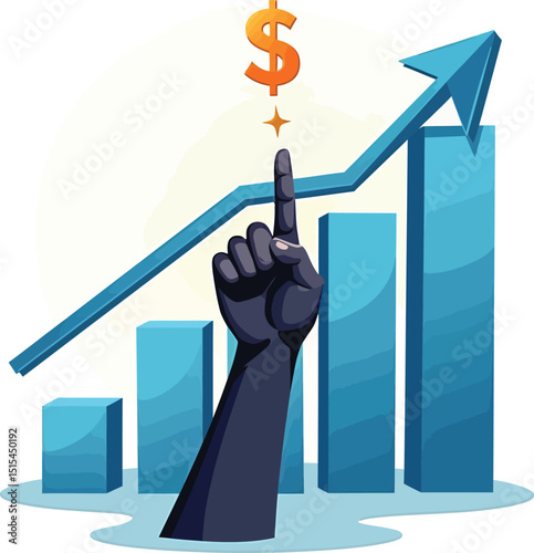 Financial growth chart with hand pointing to dollar sign for investment and success concept design