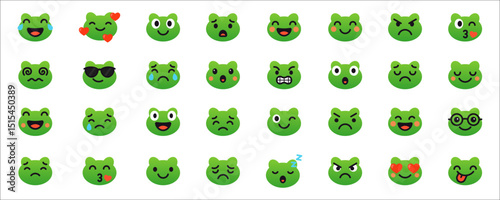 A set of cute green frog emoji faces showing various emotions like, love, happy, sadness, angry. Collection of frog emojis. Perfect for stickers, digital communication, apps or playful design use