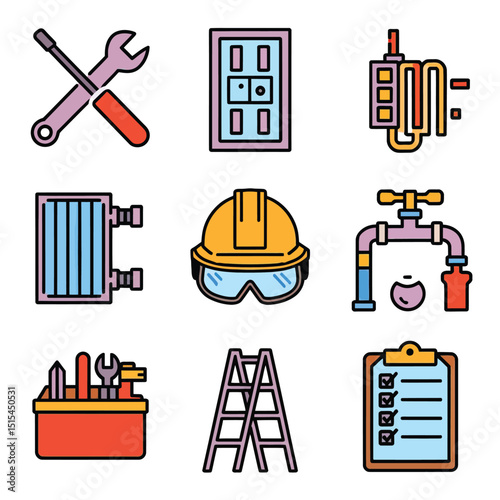  vector icons representing home fix and factory maintenance, gas and electricity maintenance                              
