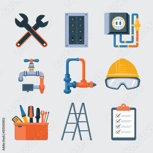  vector icons representing home fix and factory maintenance, gas and electricity maintenance                              

