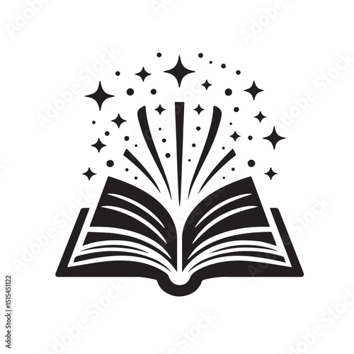 Black Color Open book icon Silhouette Vector Illustration, Solid White Background