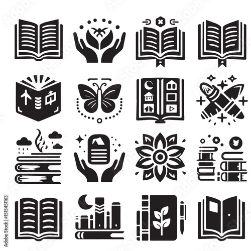 Black Color Open book icon Silhouette Vector Illustration, Solid White Background