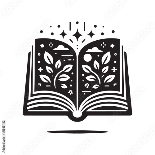 Black Color Open book icon Silhouette Vector Illustration, Solid White Background