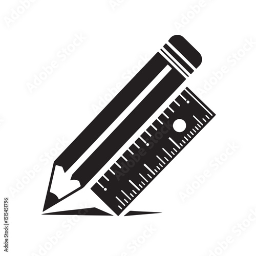 Black Color Pencil and ruler Silhouette Vector Illustration, Solid White Background