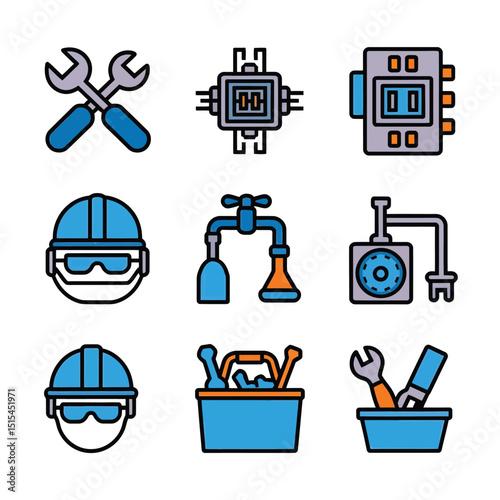  vector icons representing home fix and factory maintenance, gas and electricity maintenance                              
