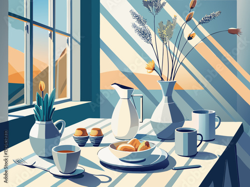 vector of A minimalist brunch setting with plain white dishes, a vase of white dried flowers, and soft natural light streaming through the windows.