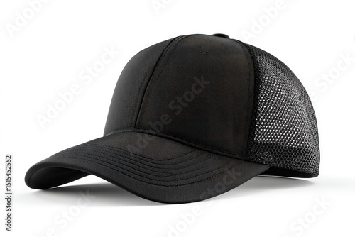 Wallpaper Mural A black, structured baseball cap with a mesh back panel and curved brim, displayed against a white background Torontodigital.ca