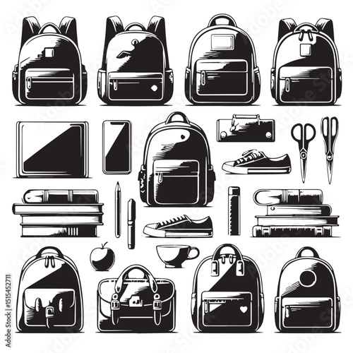 Black Color School bag Silhouette Vector Illustration, Solid White Background