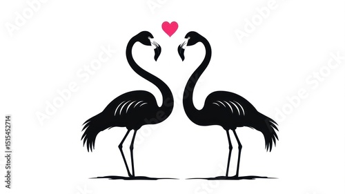 Two black flamingos facing each other, necks curved in a heart shape, with a pink heart in the middle