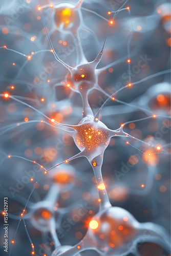 Neural impulses glowing in complex network. Macro render of brain cells with electric activity. Ideal for AI, neuroscience, or medical technology visuals.