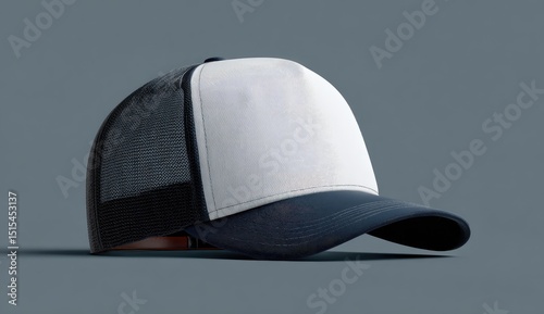 Wallpaper Mural A white and navy blue trucker hat with a mesh back sits angled on a gray surface, showcasing its blank front panel and curved brim Torontodigital.ca